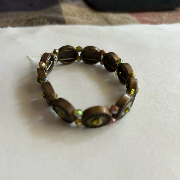 3/$20 Ornate Brown With Green Crystal Beaded Thin Elastic Bracelet - Picture 4 of 5